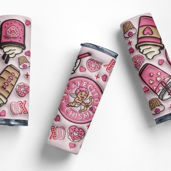 Cafecito y Chisme Tumbler, Valentine's Day, 20oz Stainless Steel Insulated Cup - Picture 3 of 5